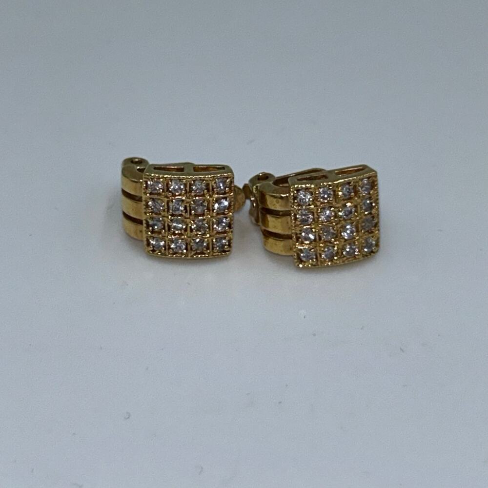 Goldtone Square Clip On Earrings Pave Set CZ